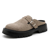 Fashion Khaki Suede Loafers Round Toe Toe  Thick Soled Slippers Men's Leather Shoes Party Casual Thick Soled Shoes for Men