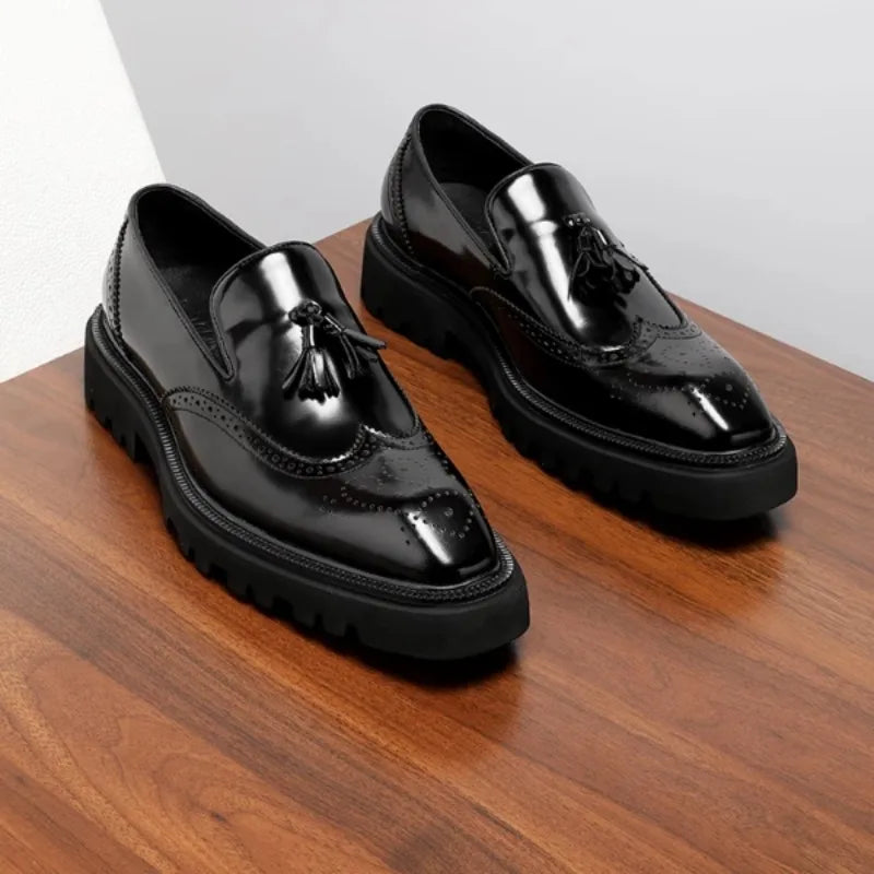 Mens Genuine Leather Loafers Summer Slip On Breathable Thick Sole Brogue Tassel Casual Dress Shoes