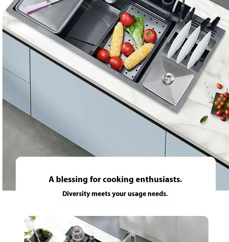 100 CM Large Size Single Slot Stainless Steel Kitchen Sink Multifunctional With Trash Can and Draining Rack Wash Vegetable Basin