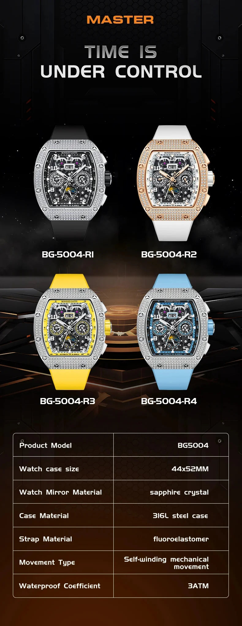 Bonest Gatti Men Luxury Automatic Movement Skeleton Mechanical Watch Rubber Band Diamond Bezel Man watch German Design BG-5004