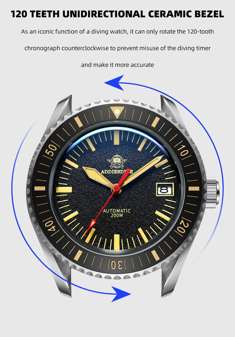ADDIESDIVE Men's Watches Ceramic bezel Leather/Stainless Steel Sapphire Automatic Mechanical Watch 20ATM Waterproof Reloj Hombre