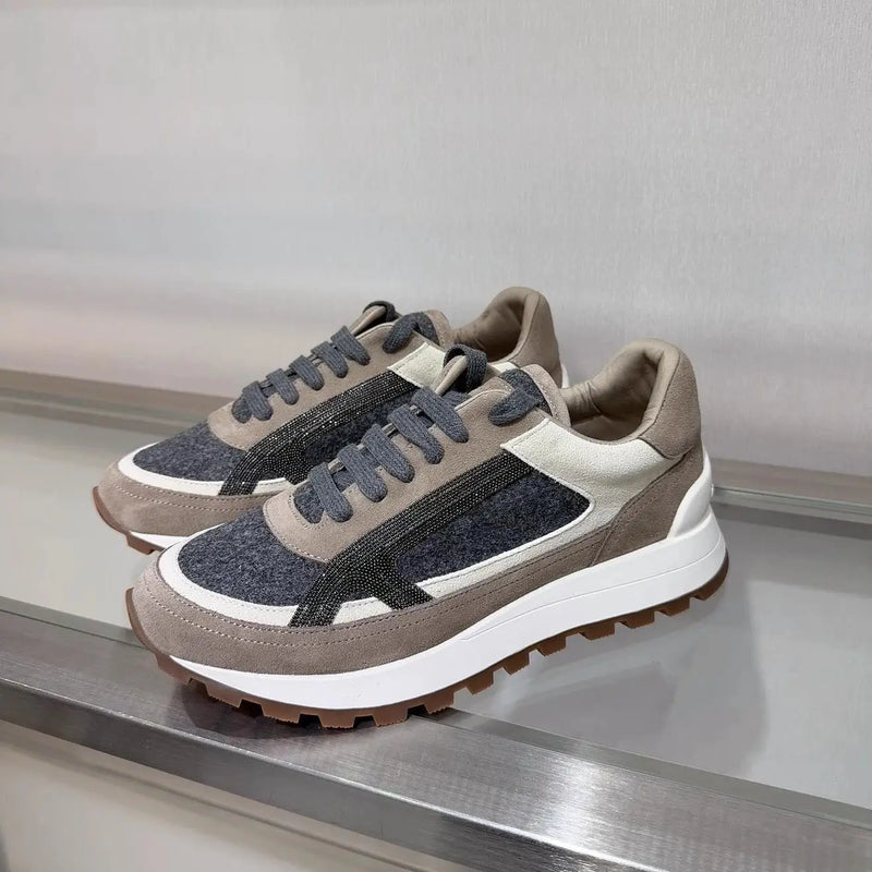 2025 Early Spring Full-Grain Leather Patchwork Chain Retro Color-Block Thick-Sole Casual Women's Shoes