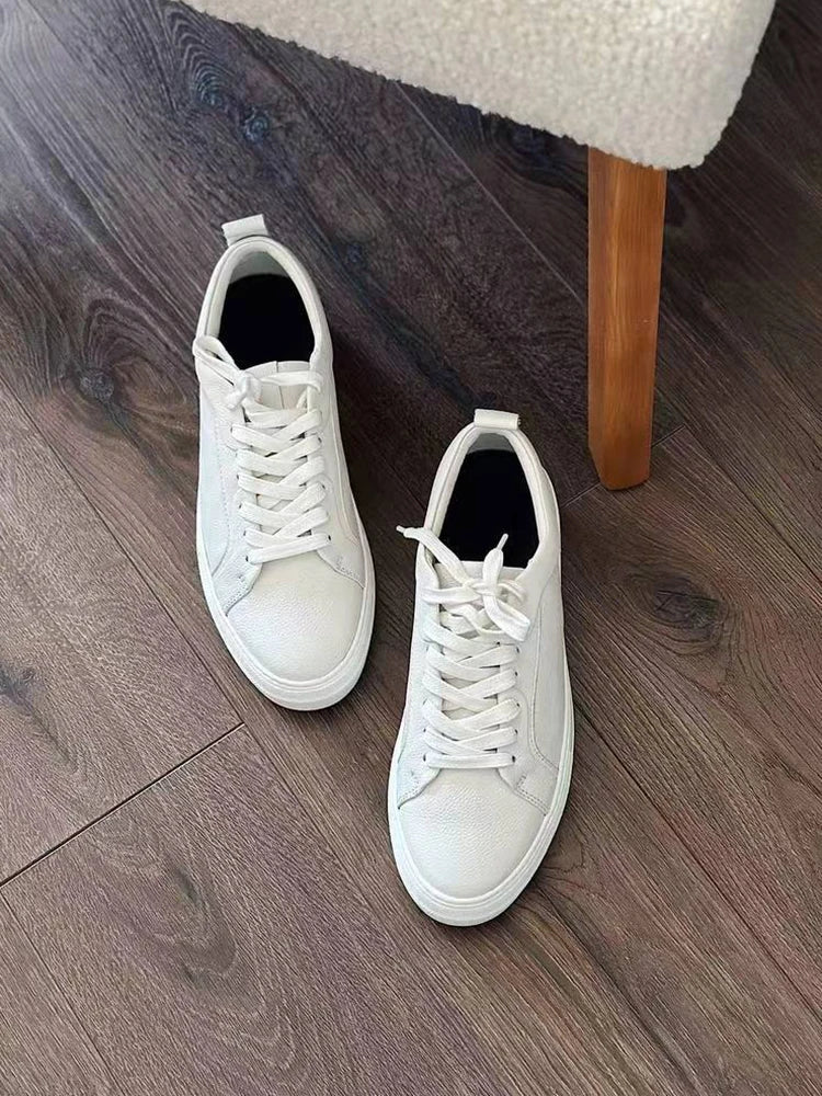 MOOQDAAX 2025 Spring Autumn England Style Fashion Genuine Leather Cowhide Casual Vulcanized Pure White Shoes Sneakers Woman