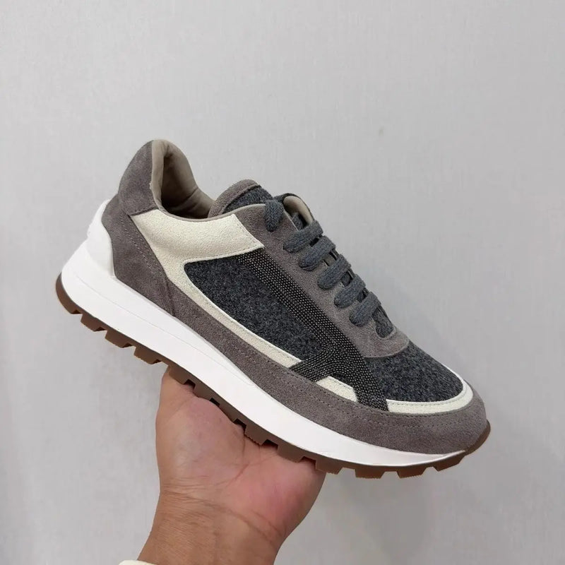 2025 Early Spring Full-Grain Leather Patchwork Chain Retro Color-Block Thick-Sole Casual Women's Shoes