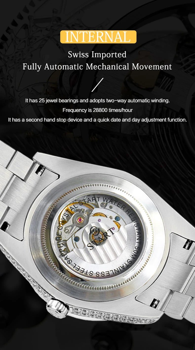 【START】Men's watch Swiss Automatic Mechanical Movement Diamond Watch Waterproof Date Week Function Golden watch