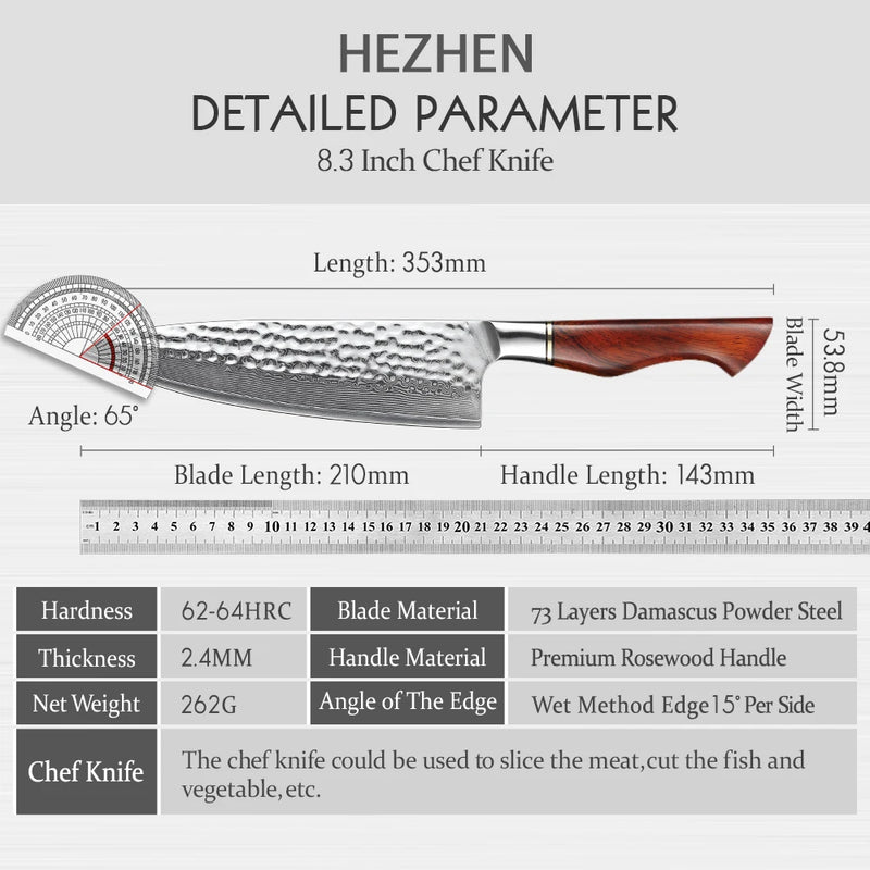 HEZHEN 8.3 Inches Chef Knife Power Steel Core 73 Layer Damascus Steel Kitchen Tools For Maet Cooking Knives Beautiful Gift Box