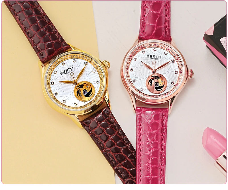 BERNY Luxury 18K Gold Mechanical Watch for Women Automatic Self-Wind Sapphire Ladies Wristwatch 72 Diamond 5ATM Skeleton Design