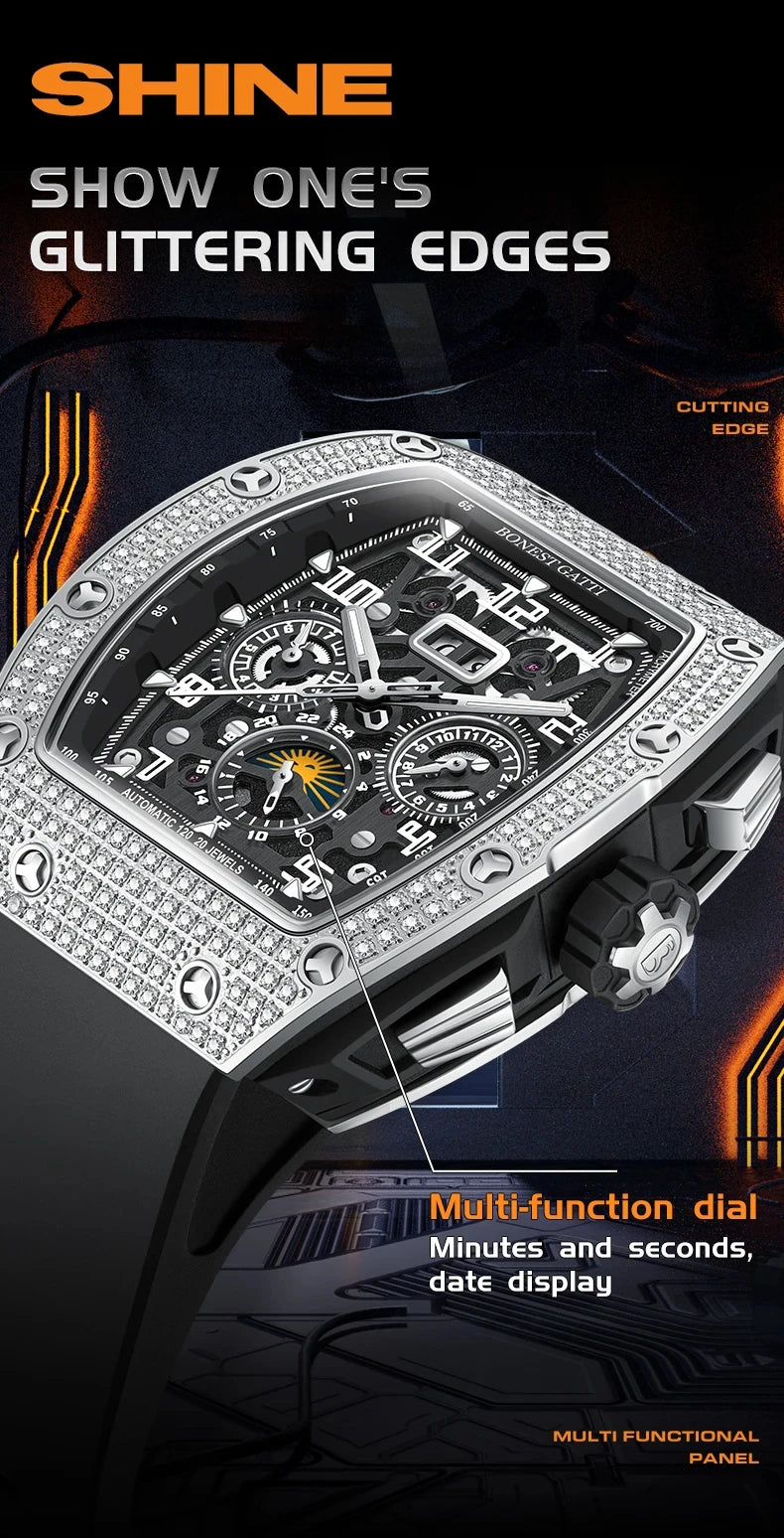 Bonest Gatti Men Luxury Automatic Movement Skeleton Mechanical Watch Rubber Band Diamond Bezel Man watch German Design BG-5004