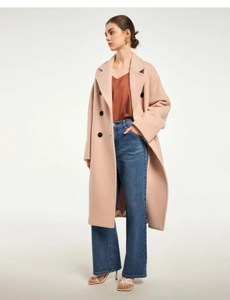 Sheep Wool women's Coat Autumn and Winter French Style Commuter Double-breasted Cashmere Coat Soft Shine Classic Pink Clothes