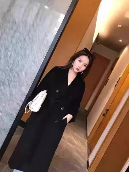 Women 100% Wool Coat For Winter Elegant Beautiful High Grade Brand Blends Double-breasted Office Woolen Overcoat XS With Belt