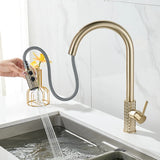 Kitchen Brush Gold Patterned Brass Faucet Pull Out 360 Degree Swivel Hot And Cold Mixer Tap Stream Sprayer Head Single Handle