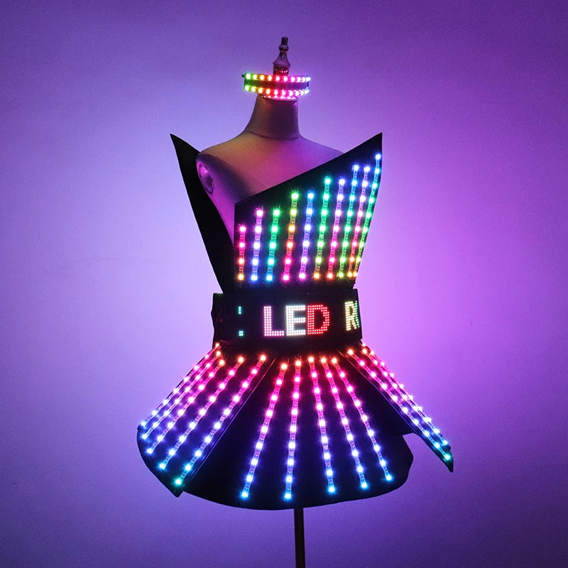 Full Color LED Dress Luminous Costume Nightclub Bar Singer Dj GoGo Women Glowing Skirt Sexy Lead Dancer Light Up Clothing Suits