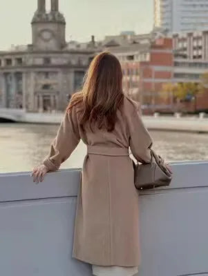 Women 100% Wool Coat For Winter Elegant Beautiful High Grade Brand Blends Double-breasted Office Woolen Overcoat XS With Belt