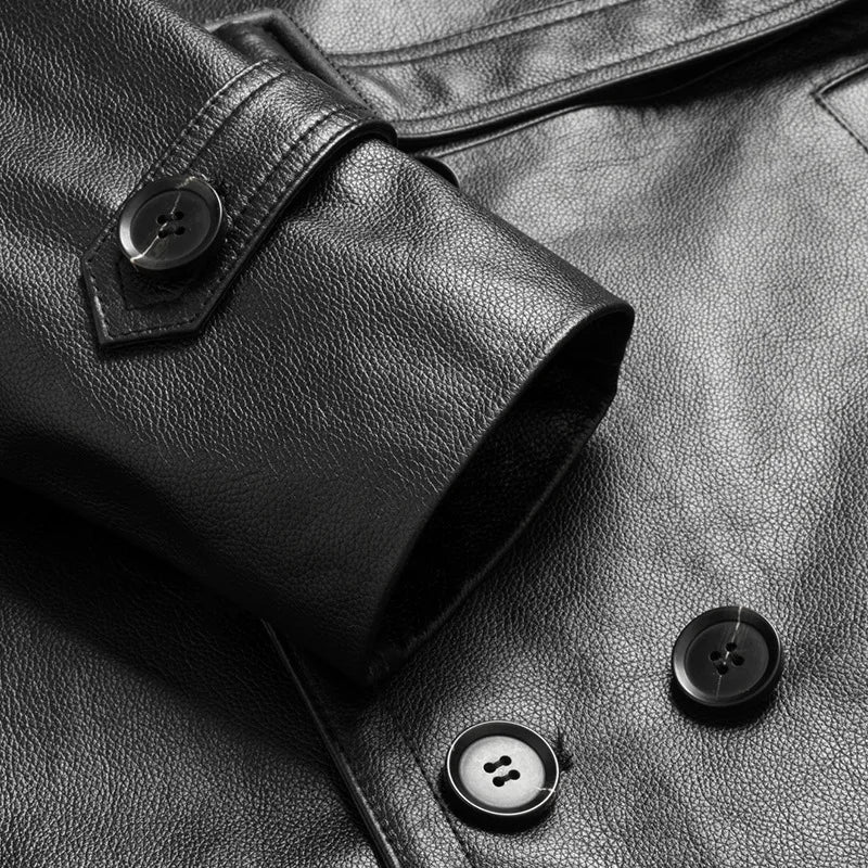 Men's Genuine Cowhide Leather Trench Coat Long Youth Handsome Belted Suit Collar Jacket for Autumn Winter 6XL