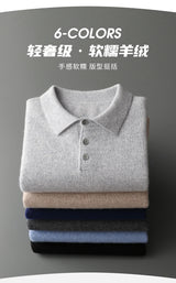 Men's POLO Collar Knitted Pullover Sweater 100% Cashmere Long Sleeved Shirt Casual Business Solid Color Men's Tops Autumn Winter