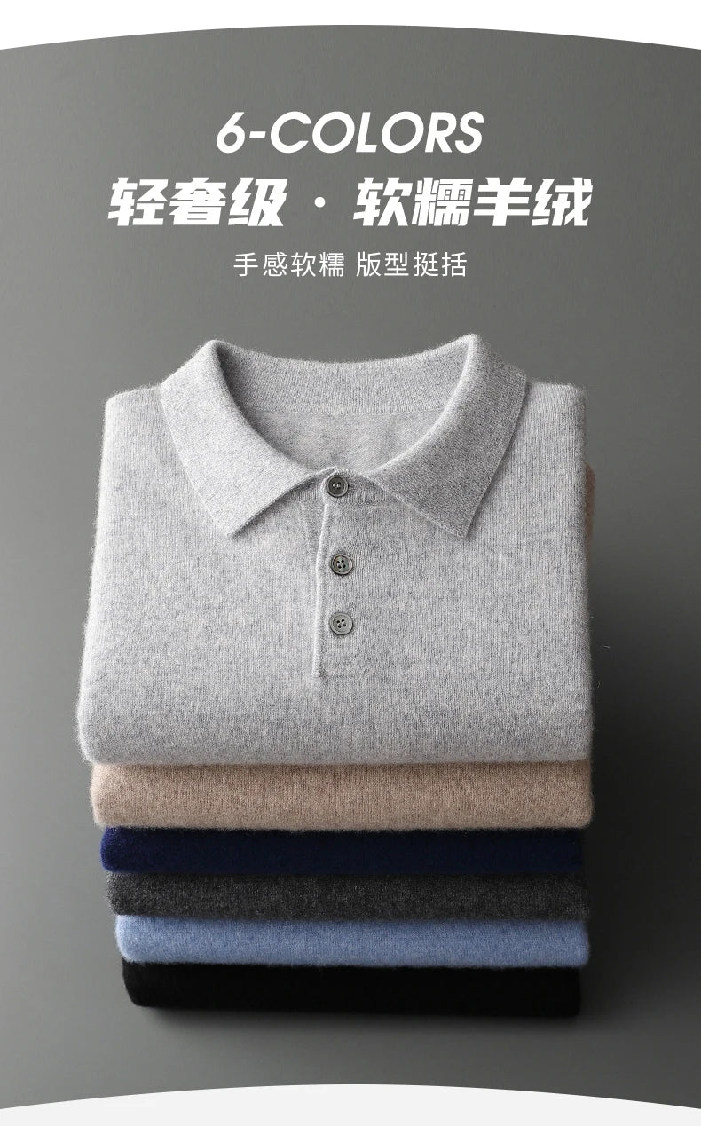 Men's POLO Collar Knitted Pullover Sweater 100% Cashmere Long Sleeved Shirt Casual Business Solid Color Men's Tops Autumn Winter