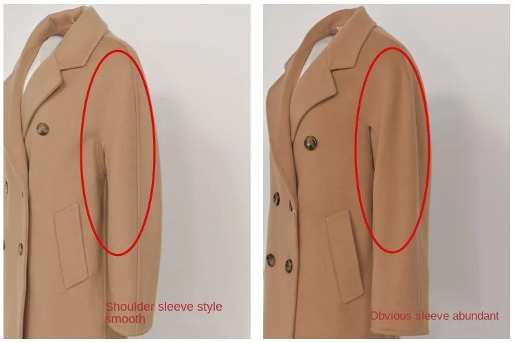 Women 100% Wool Coat For Winter Elegant Beautiful High Grade Brand Blends Double-breasted Office Woolen Overcoat XS With Belt