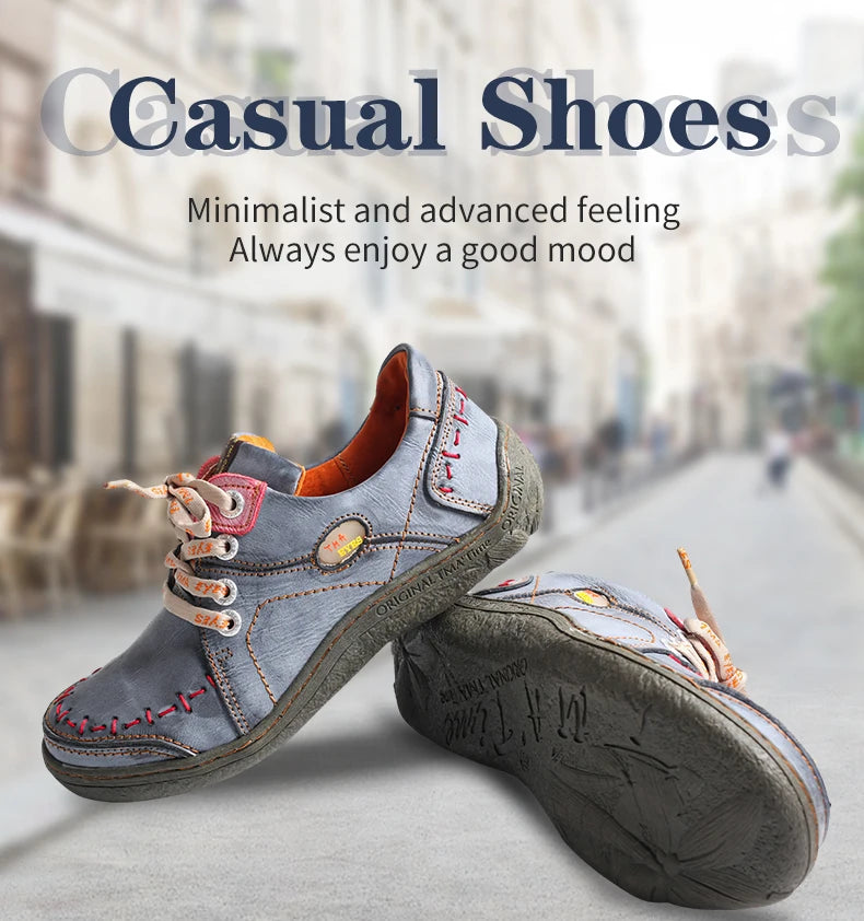 TMA EYES Women's Hand-Stitched Leather Sneakers Lightweight Flat Design Shoes For Women For Autumn Seasons