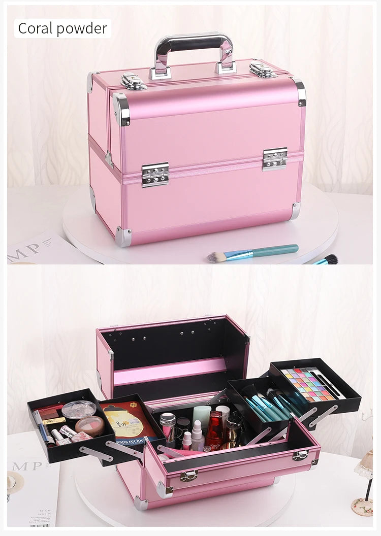 Makeup Train Case Aluminum Alloy Case Pedicure Tool Box with Handle Cosmetic Box Portable Makeup Case Organizer