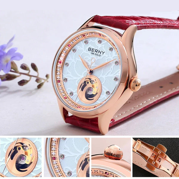 BERNY Luxury 18K Gold Mechanical Watch for Women Automatic Self-Wind Sapphire Ladies Wristwatch 72 Diamond 5ATM Skeleton Design