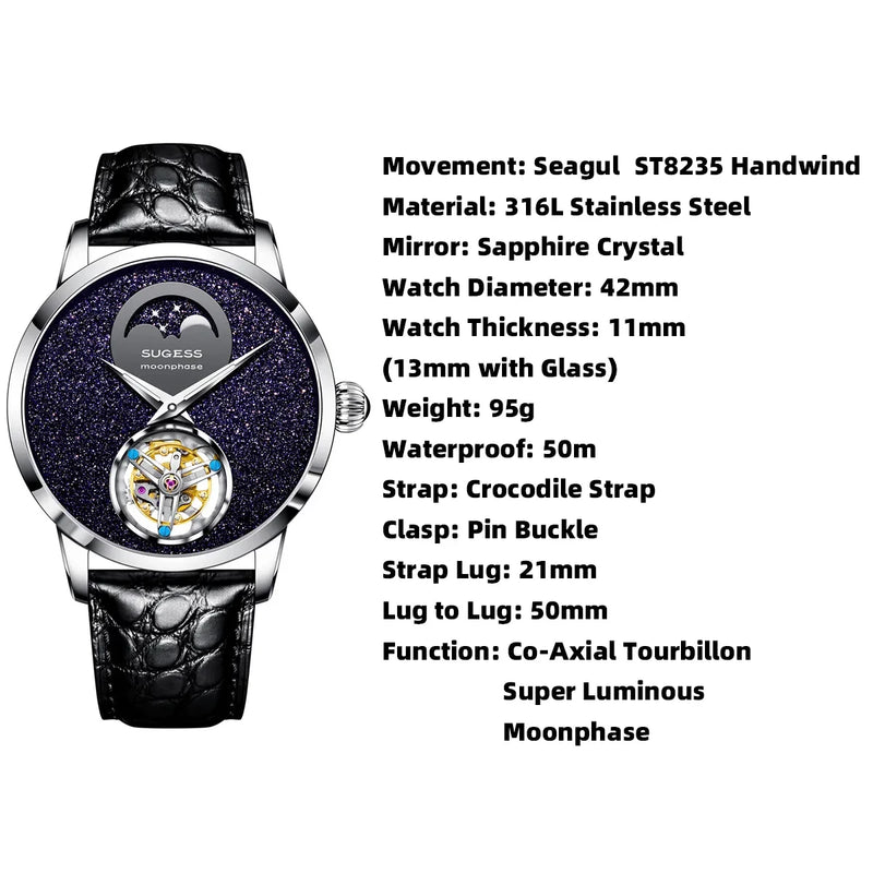 2023 Sugess Top Tourbillon Mens Luxury Watch Tianjin ST8235 Movement Mechanical Wristwatches Sapphire Glass Moonphase Luminous