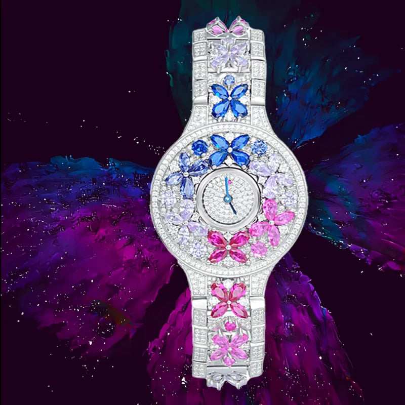 BELLUX Official Design Butterfly  Colored Synthetic Gemstone Full Diamond 925 Silver Women's Luxury Watch Fine Jewelry Gift