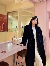 Women 100% Wool Coat For Winter Elegant Beautiful High Grade Brand Blends Double-breasted Office Woolen Overcoat XS With Belt