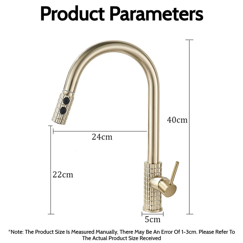 Kitchen Brush Gold Patterned Brass Faucet Pull Out 360 Degree Swivel Hot And Cold Mixer Tap Stream Sprayer Head Single Handle