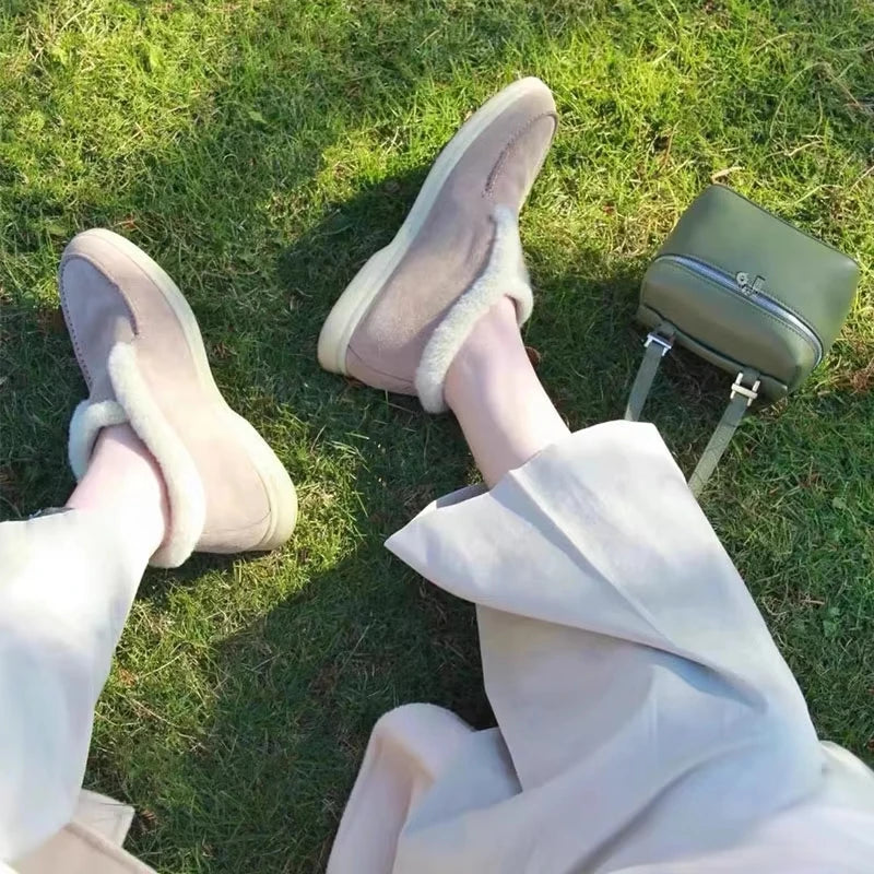 Fur Loafers Flat Shoes Women's Suede Slippers 2025 Quality Casual Shoes Women's Winter Wool Snow Boots