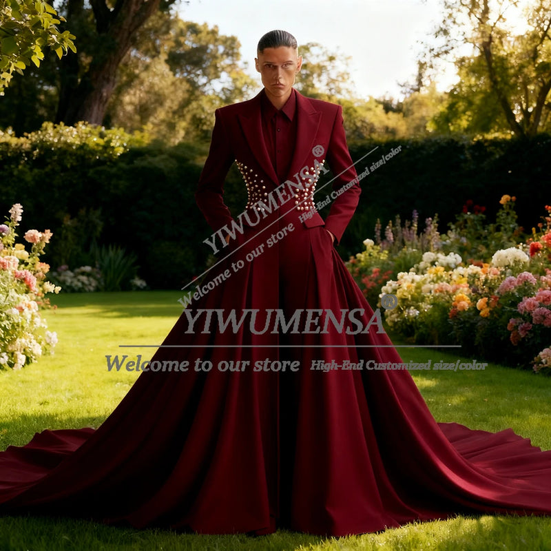 Unique Desingn Solid Suits Men For Wedding Beaded Stones Prom Blazers With Long Train Customized 2 Pieces Groom Tuxedos Attire