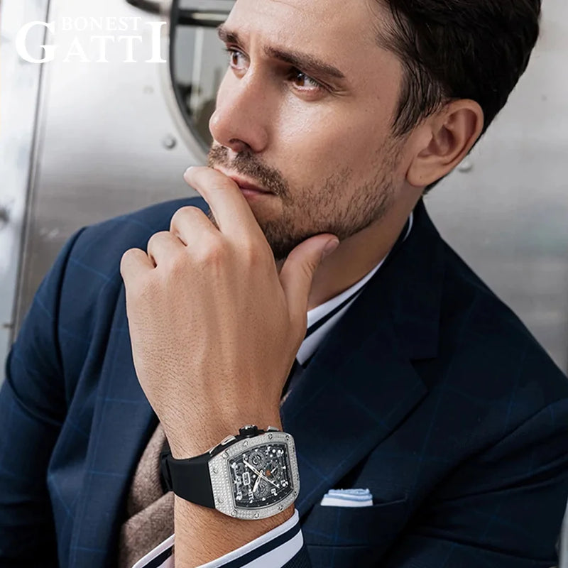 Bonest Gatti Men Luxury Automatic Movement Skeleton Mechanical Watch Rubber Band Diamond Bezel Man watch German Design BG-5004
