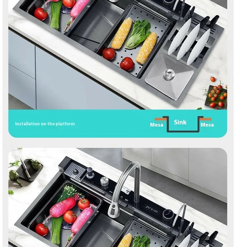100 CM Large Size Single Slot Stainless Steel Kitchen Sink Multifunctional With Trash Can and Draining Rack Wash Vegetable Basin