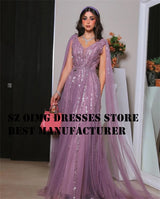 OIMGS Elegant V Neck Prom Dresse Long Cape Sleeves Sequined A-Line  Tulle Sweep Strain Women Evening Gowns Formal Party Dress