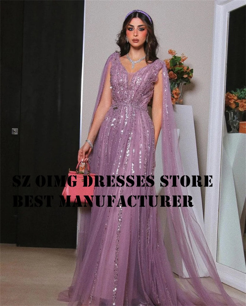OIMGS Elegant V Neck Prom Dresse Long Cape Sleeves Sequined A-Line  Tulle Sweep Strain Women Evening Gowns Formal Party Dress