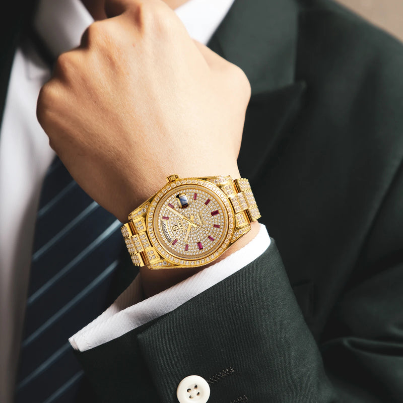 【START】Men's watch Swiss Automatic Mechanical Movement Diamond Watch Waterproof Date Week Function Golden watch