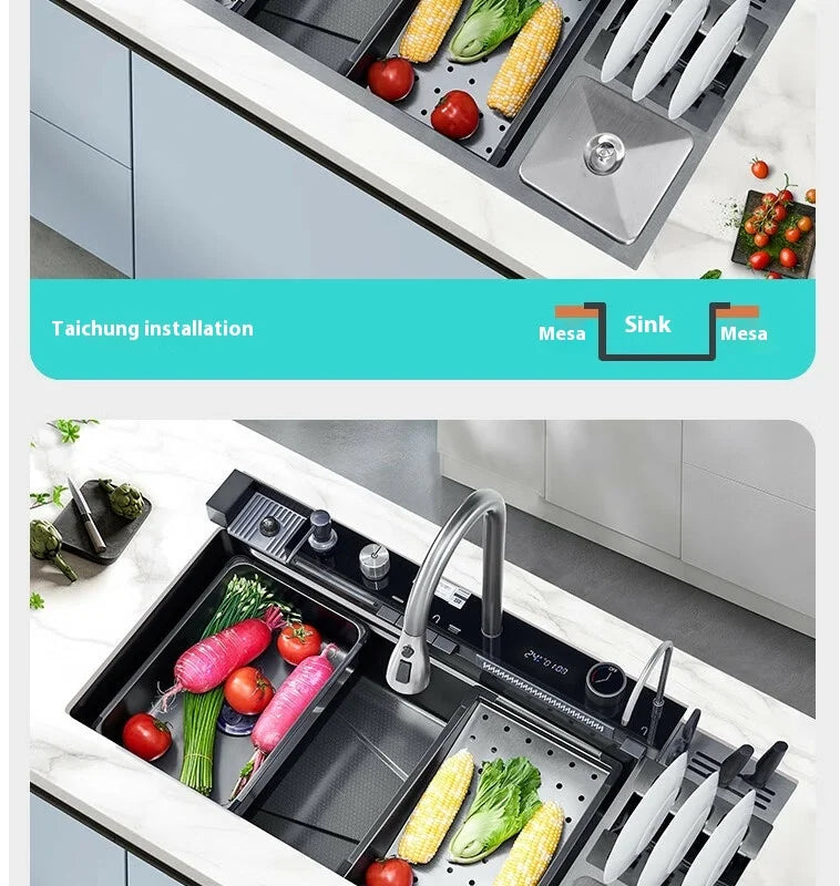 100 CM Large Size Single Slot Stainless Steel Kitchen Sink Multifunctional With Trash Can and Draining Rack Wash Vegetable Basin