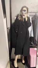 Women 100% Wool Coat For Winter Elegant Beautiful High Grade Brand Blends Double-breasted Office Woolen Overcoat XS With Belt