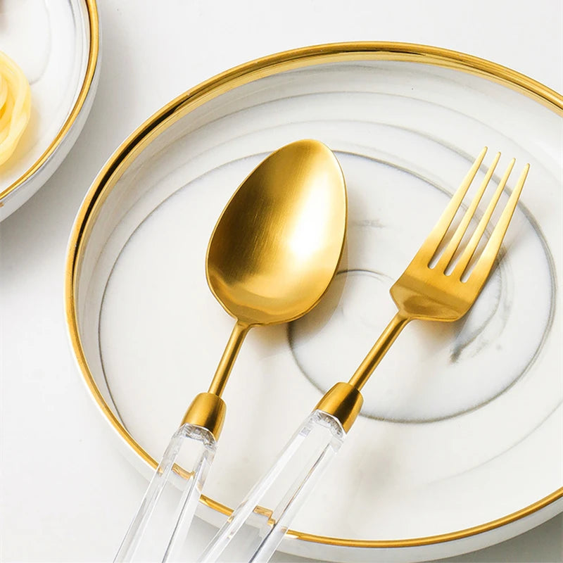 High End Diamond Series Knife, Fork and Spoon Set Flatware, 304 Stainless Steel, Gold and Silver Cutlery Serves 4