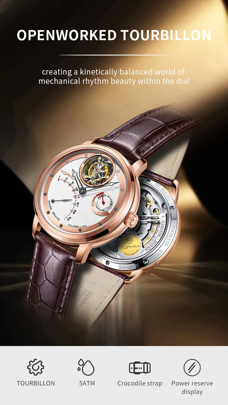 TOPHILL Fashion Waterproof Tourbillon Watches For Men Automatic Movement Self-wind Men's Mechanical Wristwatch Sapphire Glass