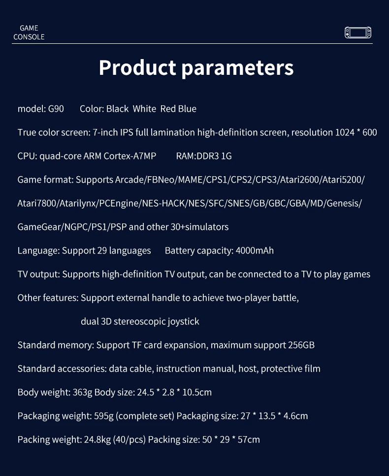 G90 7inch Portable Handheld Game Console 64GB 4000mAh High-Definition Arcade Nostalgic Retro TV Gaming Controller for PSP/PS1