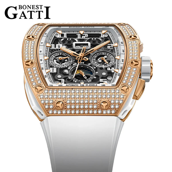 Bonest Gatti Men Luxury Automatic Movement Skeleton Mechanical Watch Rubber Band Diamond Bezel Man watch German Design BG-5004