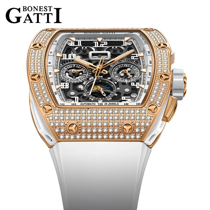 Bonest Gatti Men Luxury Automatic Movement Skeleton Mechanical Watch Rubber Band Diamond Bezel Man watch German Design BG-5004