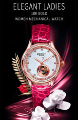 BERNY Luxury 18K Gold Mechanical Watch for Women Automatic Self-Wind Sapphire Ladies Wristwatch 72 Diamond 5ATM Skeleton Design