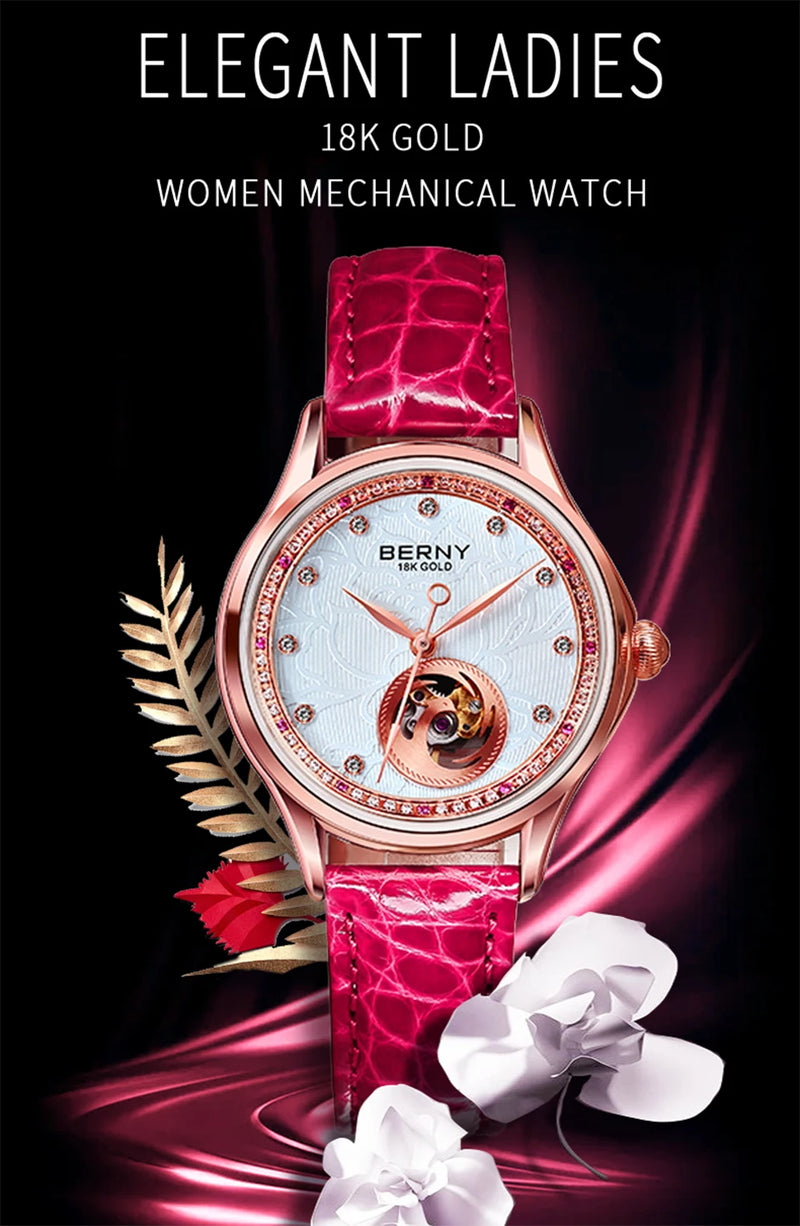 BERNY Luxury 18K Gold Mechanical Watch for Women Automatic Self-Wind Sapphire Ladies Wristwatch 72 Diamond 5ATM Skeleton Design
