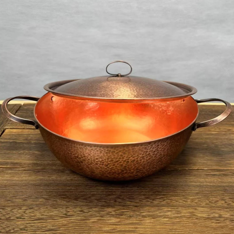 Vintage Copper Soup Pot,Handcrafted Hot Pot Food Cooking Utensil Simmering and Pasta Stewing,With lid 24 cm Handheld Pots