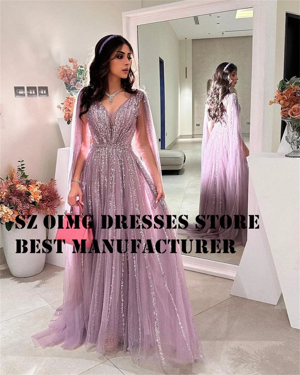 OIMGS Elegant V Neck Prom Dresse Long Cape Sleeves Sequined A-Line  Tulle Sweep Strain Women Evening Gowns Formal Party Dress