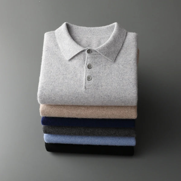 Men's POLO Collar Knitted Pullover Sweater 100% Cashmere Long Sleeved Shirt Casual Business Solid Color Men's Tops Autumn Winter