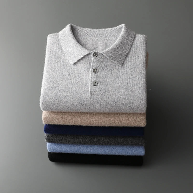 Men's POLO Collar Knitted Pullover Sweater 100% Cashmere Long Sleeved Shirt Casual Business Solid Color Men's Tops Autumn Winter