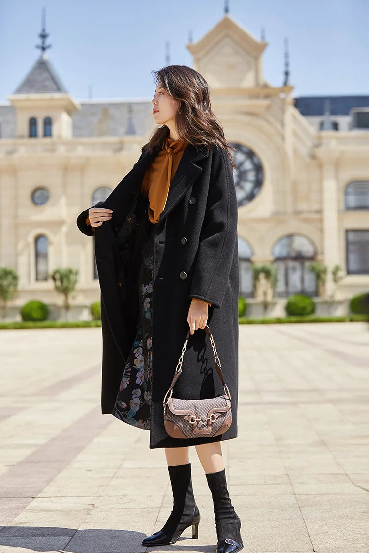 Women 100% Wool Coat For Winter Elegant Beautiful High Grade Brand Blends Double-breasted Office Woolen Overcoat XS With Belt