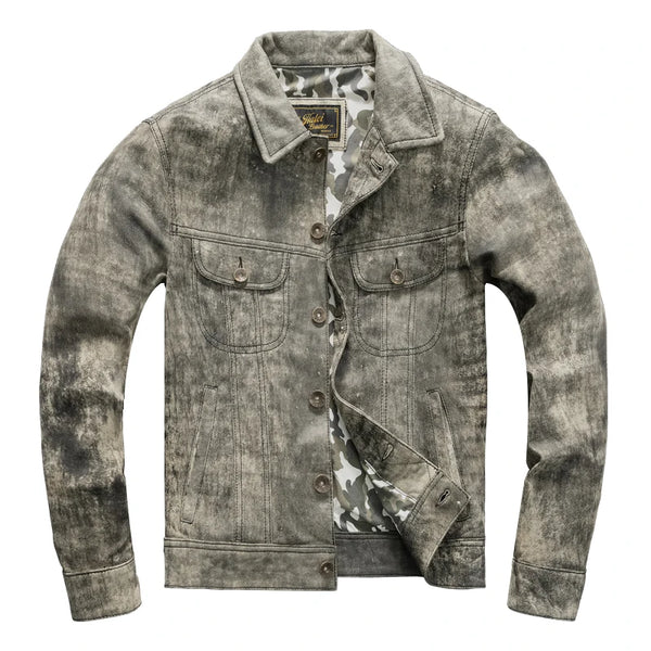 Camouflage Grey Spring Leather Jacket Men Vintage Style Genuine Natural Sheepskin Single Breasted Leather Coat